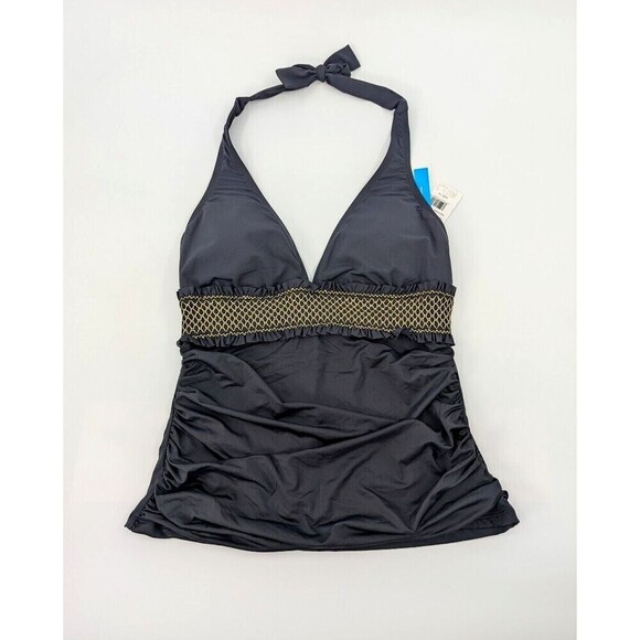 Bleu Rod Beattie Tankini Top Womens 10 Black Halter Metallic Contrast Ruched - Picture 1 of 13